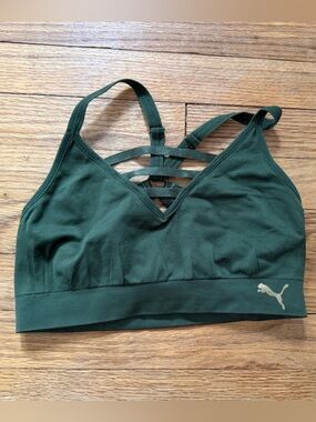 Puma Dark Green Strappy V‑Neck Sports Bra